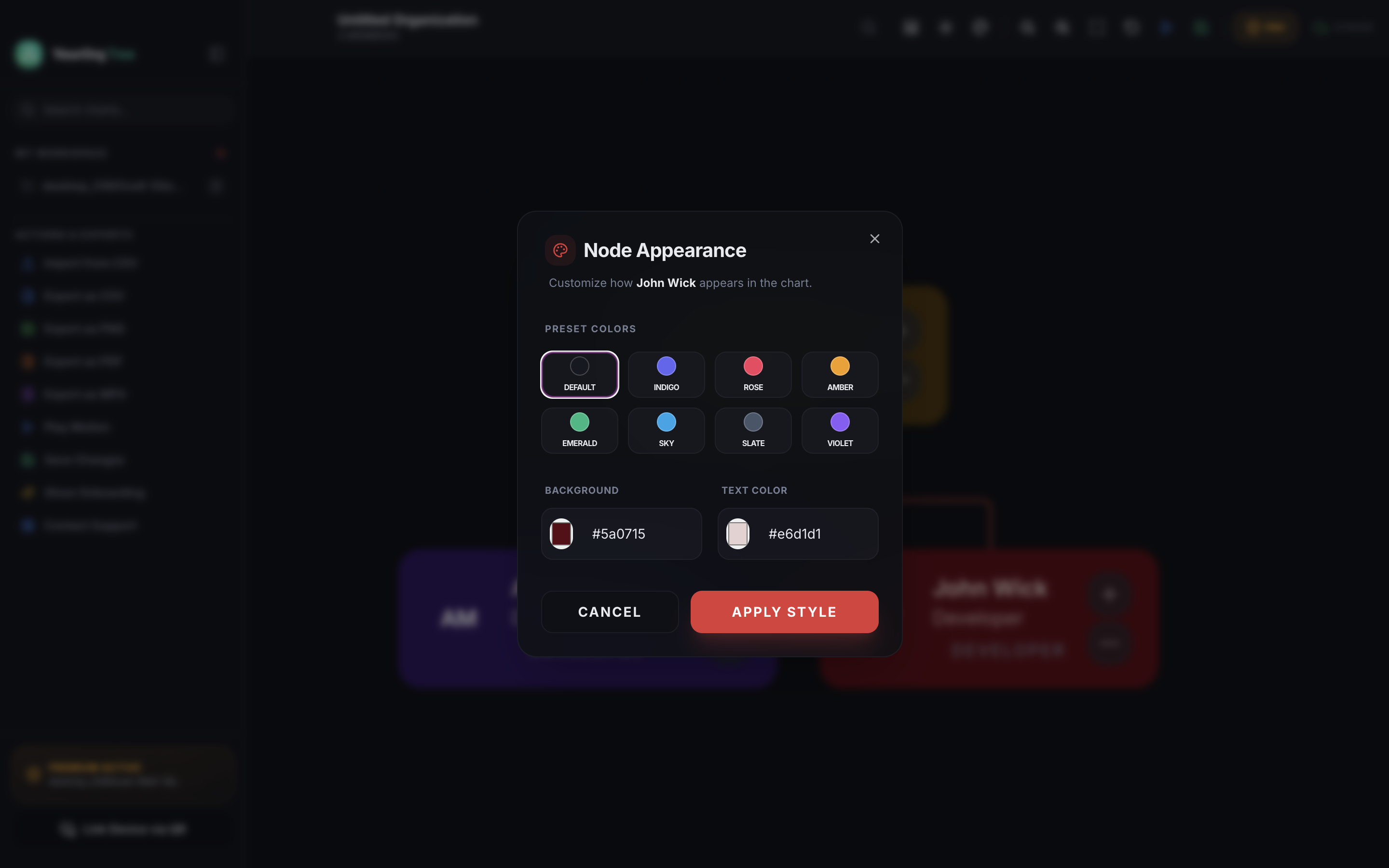 Node Appearance customization dialog with preset colors and custom hex code inputs