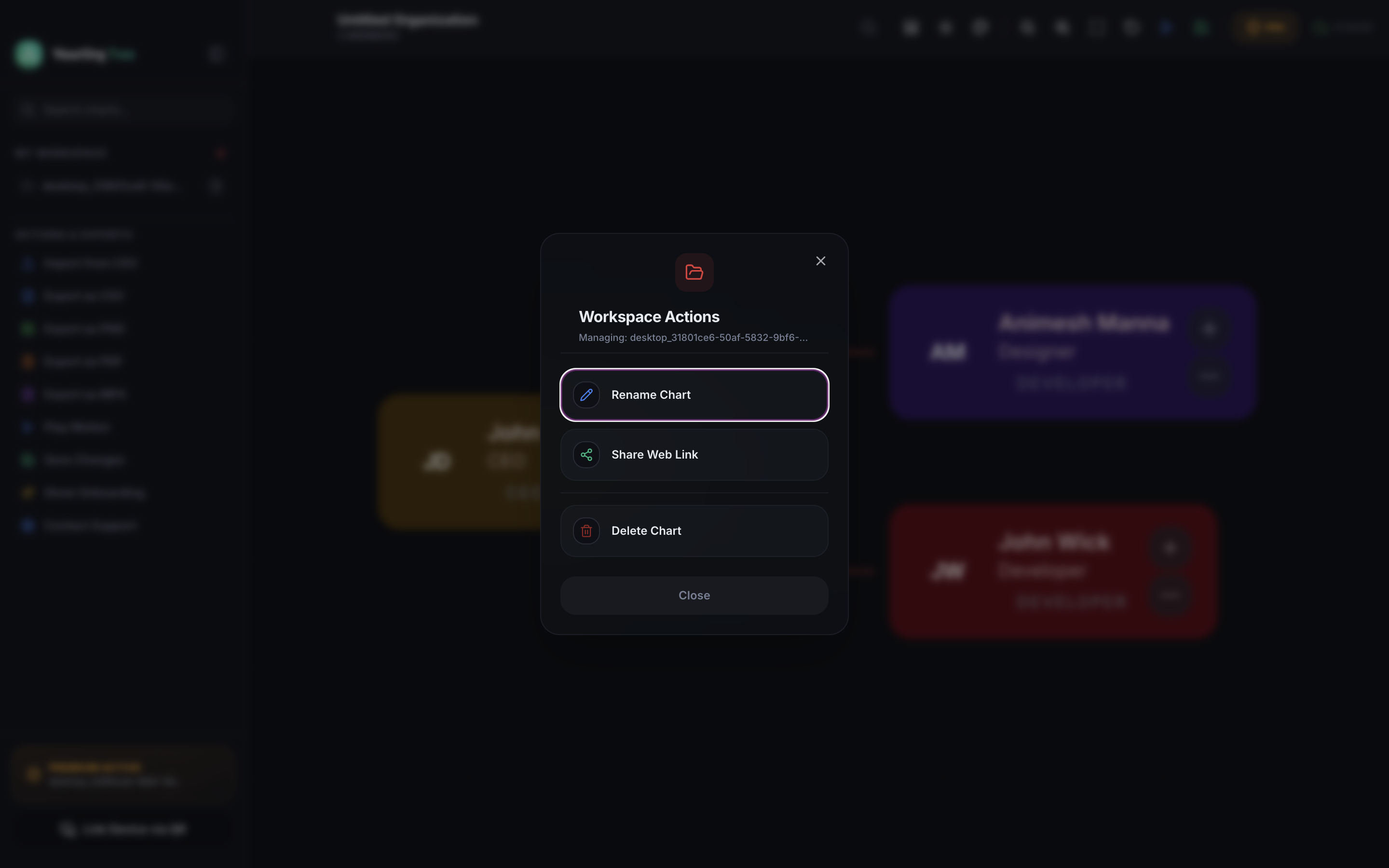 Workspace actions modal showing Rename Chart, Share Web Link, and Delete Chart options